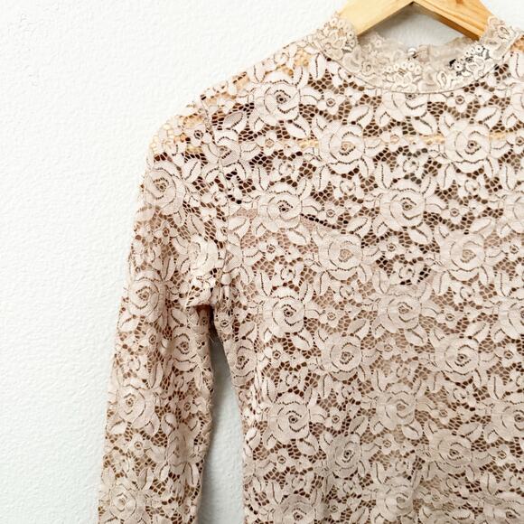 BEBE | Y2K Nude Tan Lace Semi Sheer Blouse Top Fitted Long Sleeve | Size Small - Picture 1 of 9